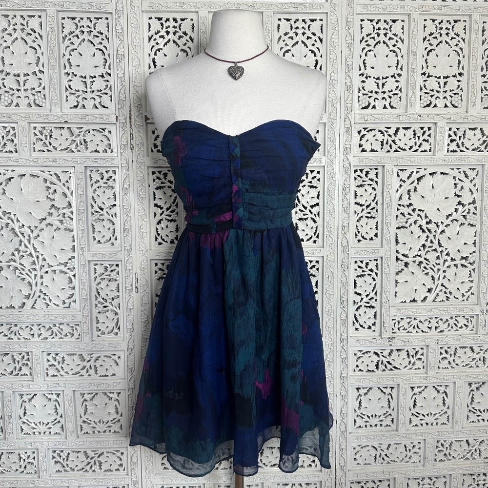 Aqua 100% Silk Watercolor‎ Moody Strapless Bandeau Mini Dress Sz XS